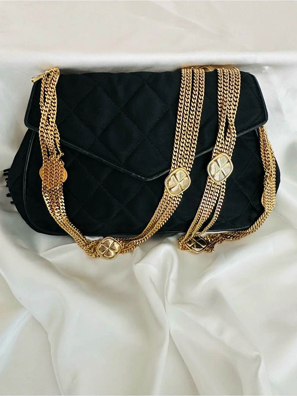 CHANEL Vintage Black Silk Timeless Tassel Flap Bag Gold Hardware,